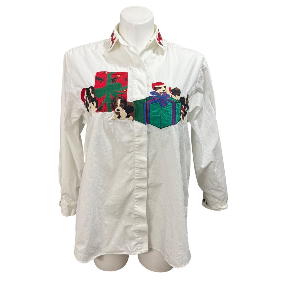 Vintage Cambridge Dry Goods Christmas Puppy Embroidered Button Down Shirt 12